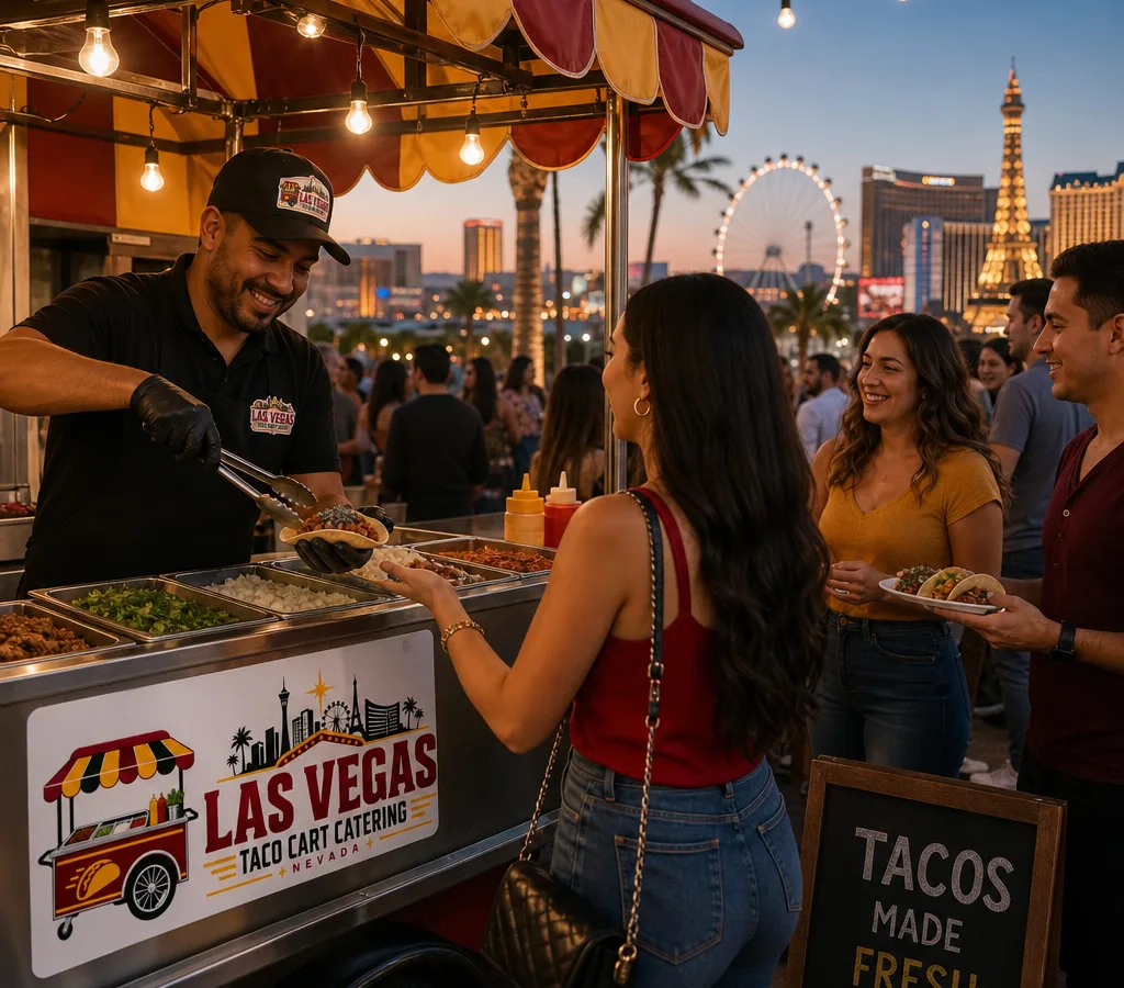 Staffed taco catering line serving guests at an outdoor Las Vegas event
