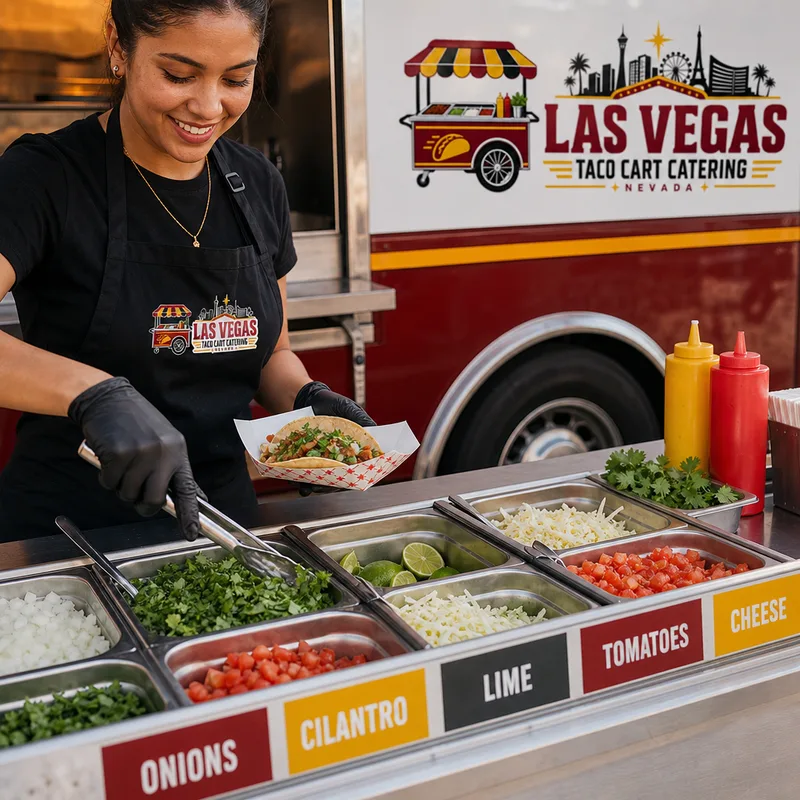Clean taco toppings station with labeled ingredients and serving utensils