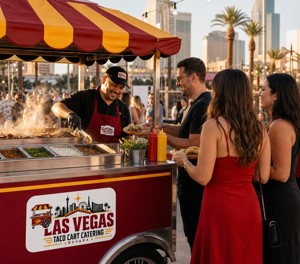 Cook working a taco grill beside a compact serving line at an outdoor Las Vegas event