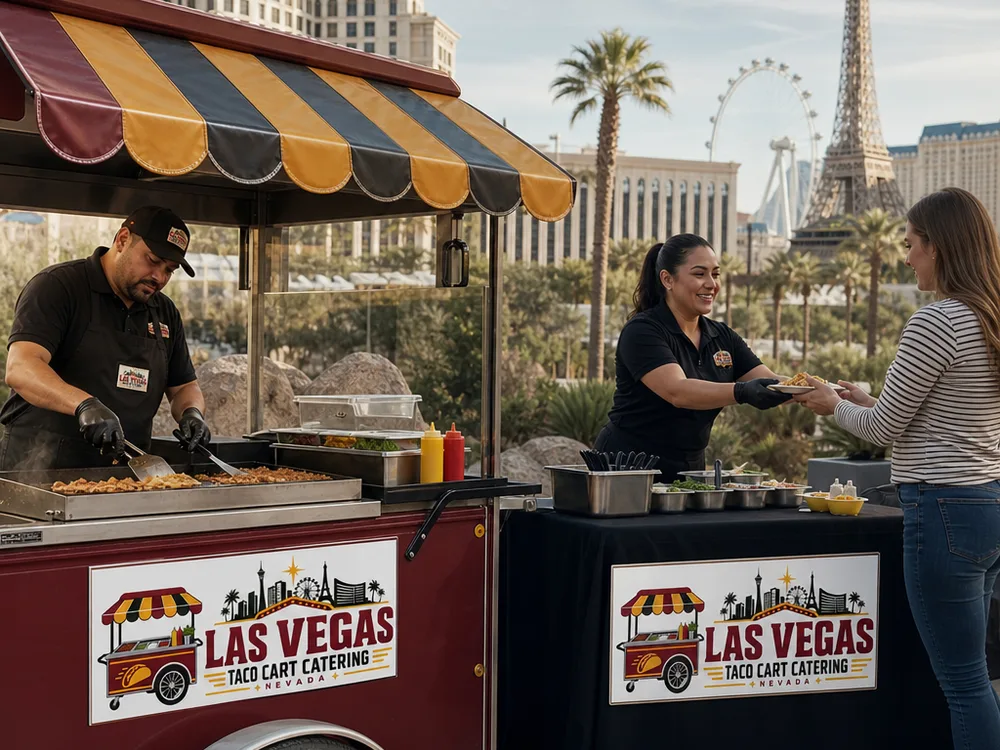 Wide view of separate taco cooking and serving areas arranged for efficient guest flow