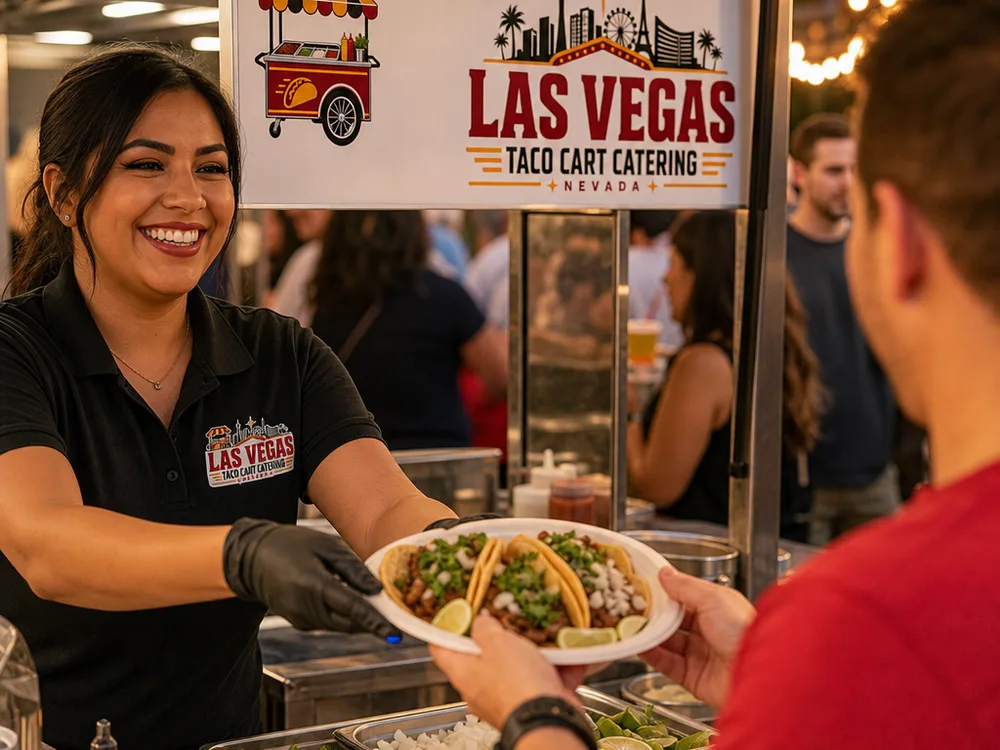 Freshly assembled tacos with toppings and lime wedges being served at an event