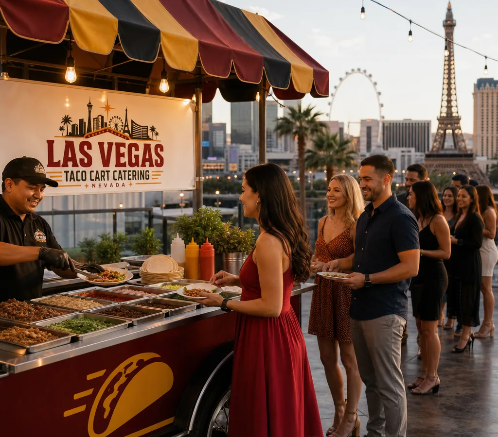 Staffed taco bar at a Las Vegas event with warmers, fresh toppings, tortillas, and an orderly guest line
