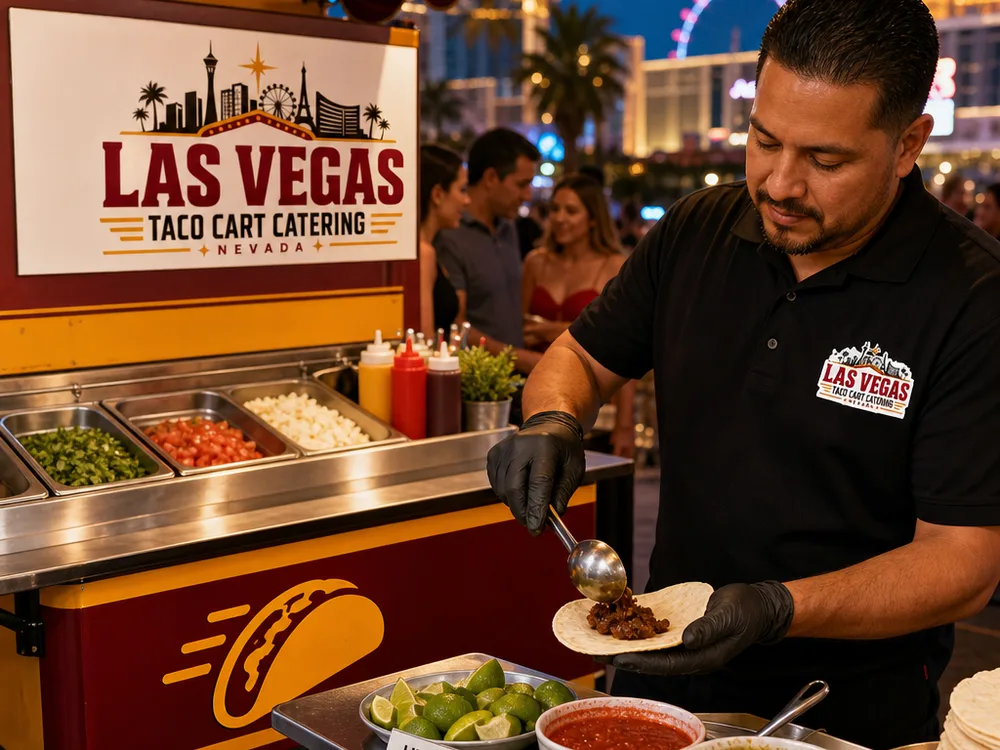 Taco bar line with labeled toppings, salsa bowls, limes, and tortillas arranged for high-throughput guest flow