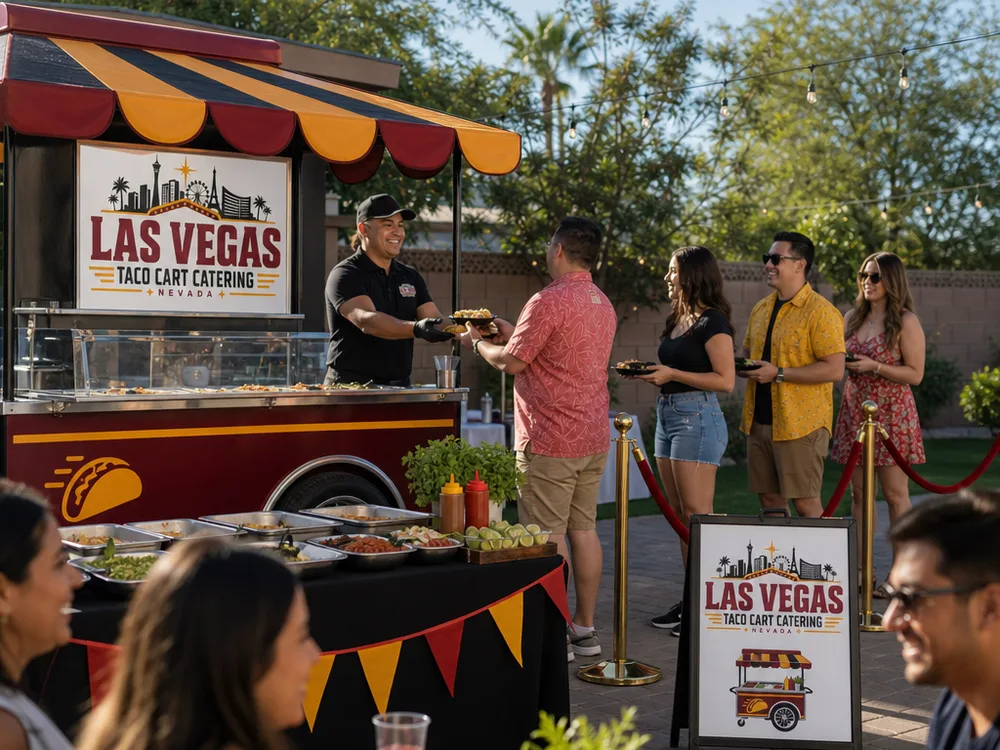 Complete taco bar at an outdoor Las Vegas backyard party with shade, serving tables, and organized queue space