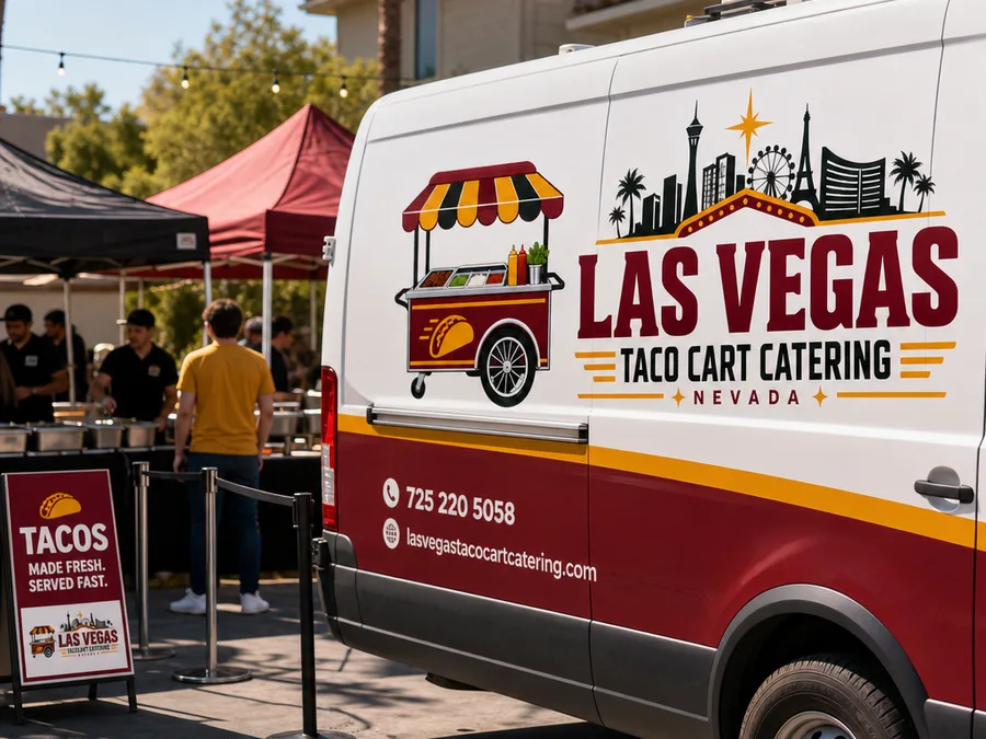 Taco catering crew arranging a shaded outdoor service line with clear guest queue flow in Las Vegas